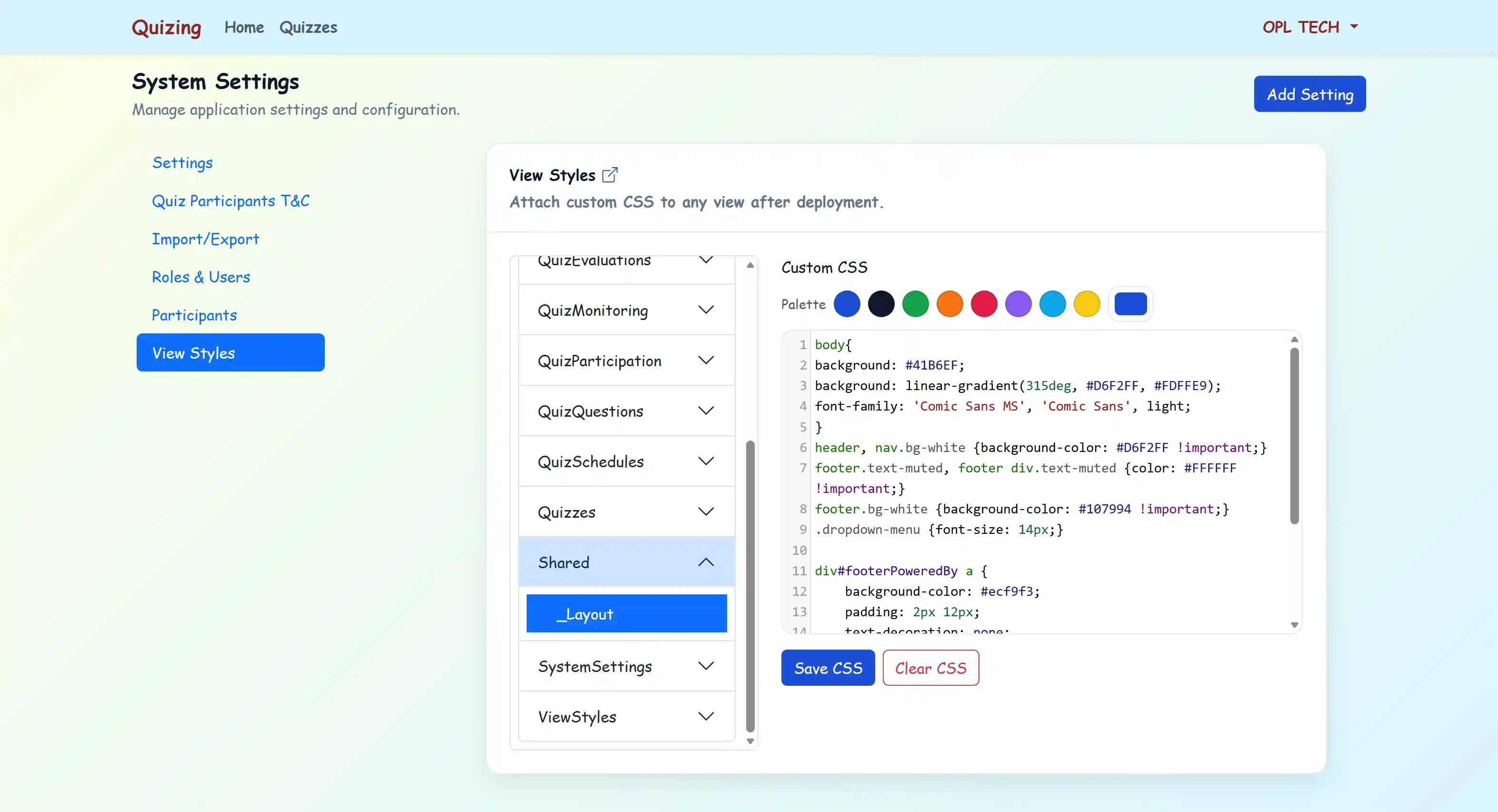 Quizzing System — CSS Style Settings