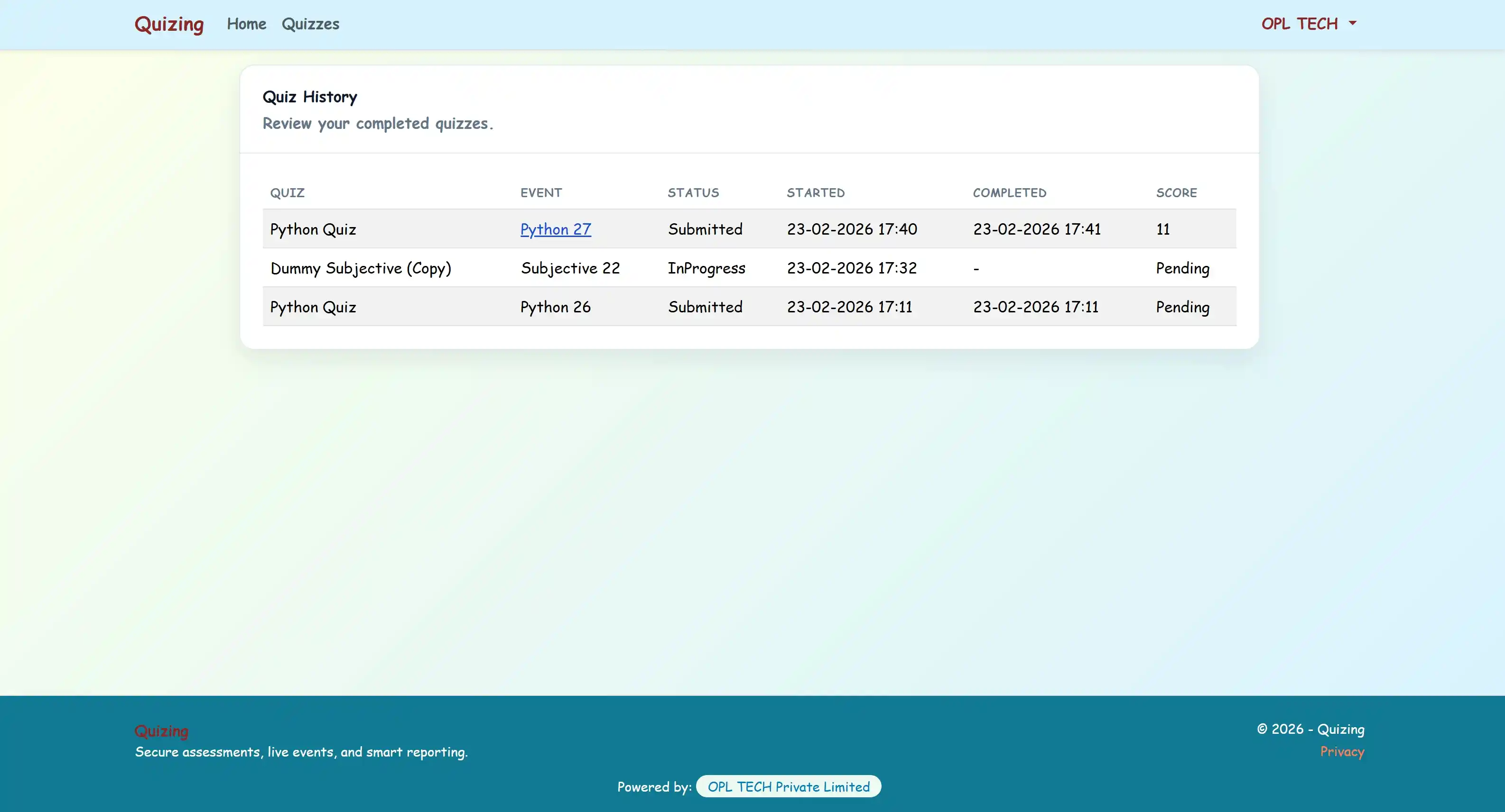 Quizzing System — Participation History