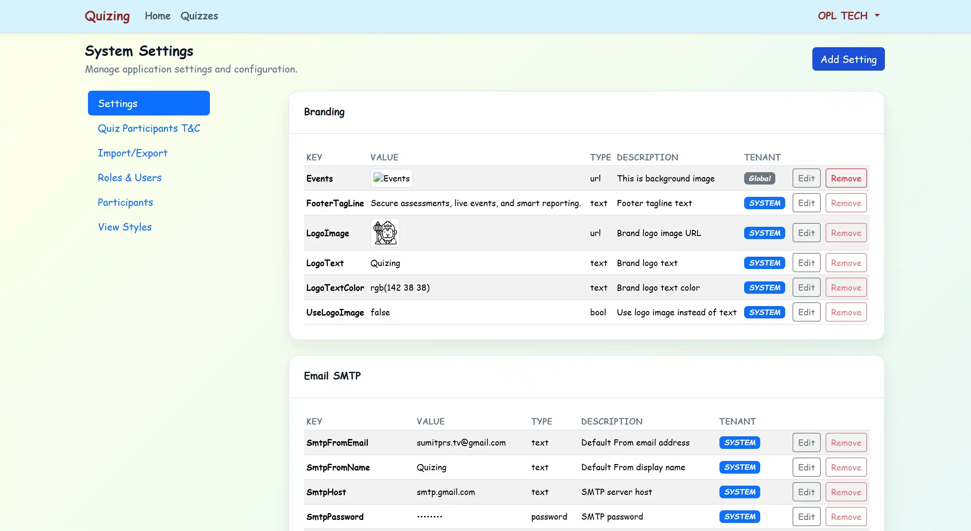 Quizzing System — Settings